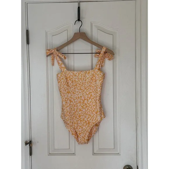 Citrine | One Piece Swimsuit Small Yellow Floral Tie Shoulder Square Neck Beach - Picture 2 of 7